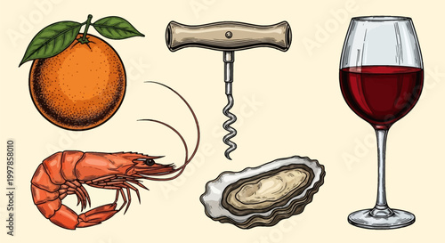 Vintage hand-drawn engraving illustration set featuring a whole ripe orange with leaves, a cooked shrimp, a wooden handle corkscrew, an open oyster shell, and a glass of red wine.