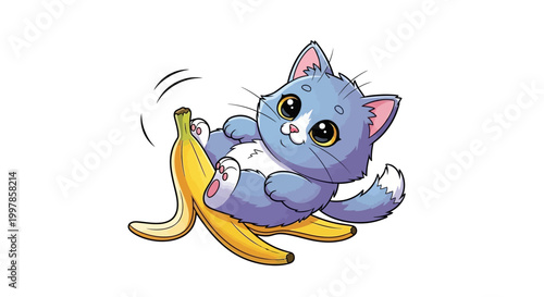 Playful cartoon kitten with big expressive eyes discovers a slippery banana peel, showcasing a moment of cute curiosity and comical surprise on a clean white background