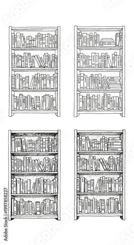 Set of four hand-drawn black and white ink sketches of bookshelves with four tiers filled with books of various sizes and arrangements. Line art illustration of a home library.