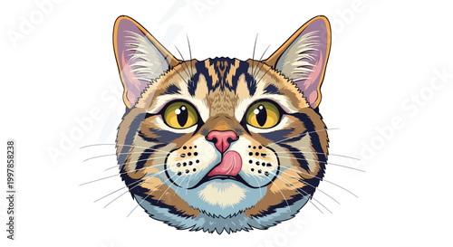 Charming vector illustration of a tabby cat's head, featuring bright yellow eyes and a playful tongue licking its nose, perfect for animal-themed graphic designs