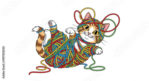 Adorable cartoon kitten playfully tangled in a colorful ball of yarn, perfect for playful and creative themes