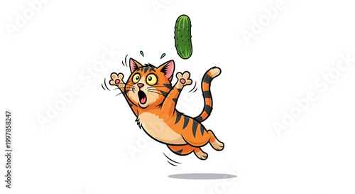 Whimsical illustration of an orange tabby cat playfully leaping to catch a falling pickle against a white background, capturing a moment of lighthearted fun and feline curiosity