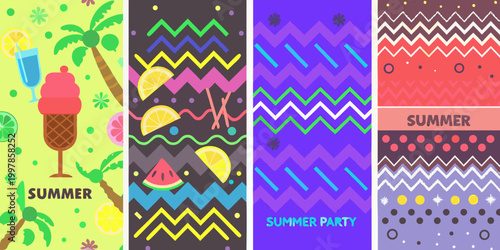 Summer party posters with colorful tropical fruit illustrations