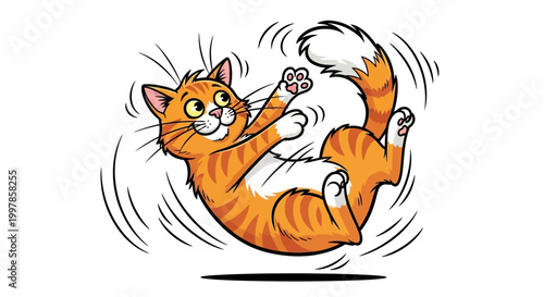 Dynamic cartoon illustration of a lively orange tabby cat joyfully rolling on its back, radiating happiness and playful energy in a charming feline moment