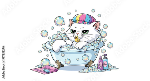 Cute white cat in a bubble bath with rubber ducky, soap, and shampoo, enjoying a relaxing grooming session