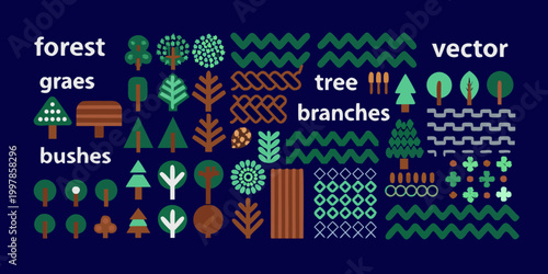 Forest elements vector illustration with trees bushes and branches