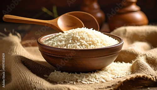 Rice overflows a brown bowl on burlap, with wooden spoons and vessels blurred in the background