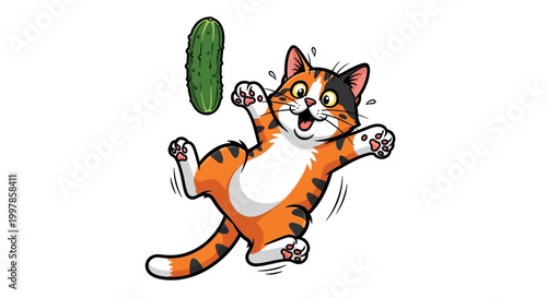 Funny cartoon cat playfully jumping towards a pickle, isolated on a white background, perfect for playful designs