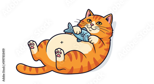 Chubby orange tabby cat happily cuddling a fish, illustration in a playful cartoon style, emphasizing cuteness and humor