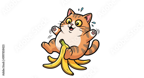 Playful cartoon cat takes an unexpected tumble after stepping on a classic banana peel, creating a hilarious and clumsy moment with a wide-eyed, startled look