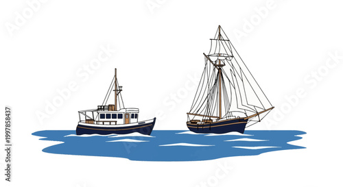 Vintage style vector illustration featuring a motorized fishing trawler and a traditional sailing vessel with masts and rigging on stylized blue water ripples.
