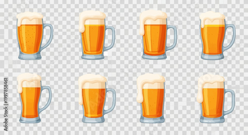 Collection of eight vector beer mug illustrations featuring golden amber lager with frothy white foam heads and bubbles, isolated on a transparent grid background in various glass styles.