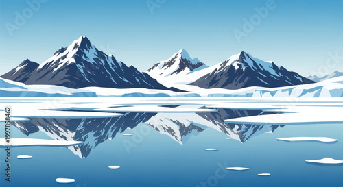 Vector illustration of a wide arctic landscape featuring jagged snowy mountain peaks reflecting on calm blue water surface with floating ice floes under a clear bright sky.