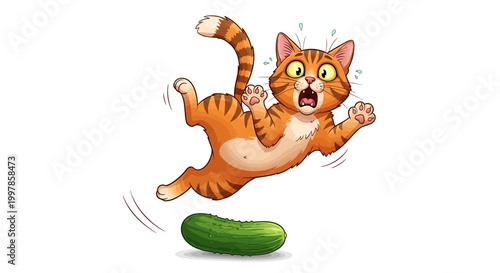 A startled orange tabby cat jumps dramatically in the air, wide-eyed and mouth agape, reacting comically to a green cucumber, capturing unexpected feline fright
