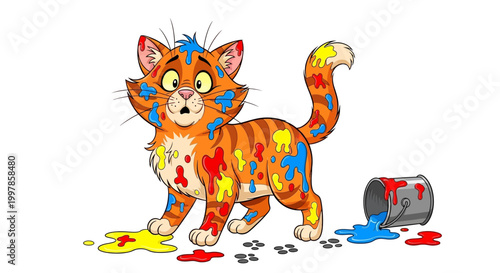 Illustration of a surprised orange tabby cat covered in brightly colored paint splatters, with a tipped paint can and paw prints nearby on a white background