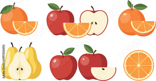Fresh fruit collection with apples, oranges and pears, whole and sliced pieces vector illustration set for healthy food design