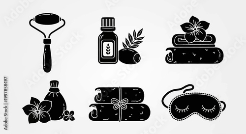 Set of black silhouette spa icons featuring a facial roller, essential oil bottle, stacked towels with frangipani flower, herbal compress bag, and a sleep mask on white background.