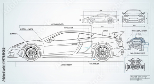 Detailed Blueprint of a Sports Car Design.