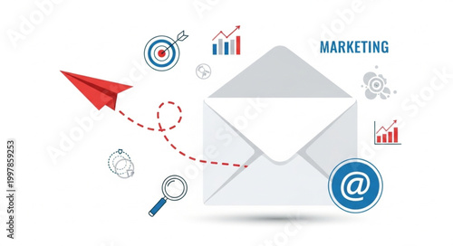 Email marketing concept with paper airplane and icons.