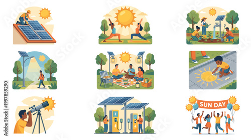International Sun Day vector set featuring people enjoying outdoor activities, solar panel installation, renewable energy usage, and festive celebration for global environment.