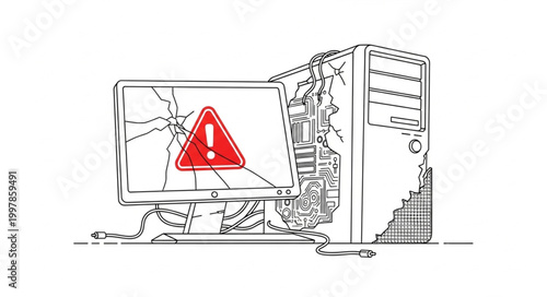 Damaged Computer System Showing Warning Sign Illustration.
