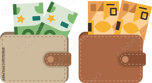 Vector illustration of two wallets, beige wallet containing green euro banknotes with stars, and brown wallet containing orange and beige euro banknotes, clean flat design concept for finance, banking