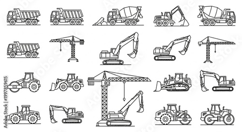 Collection of Construction Vehicles and Machinery Icons.