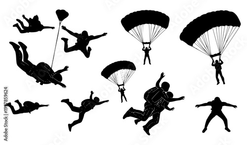 Skydiving parachute silhouette vector set extreme sport illustration