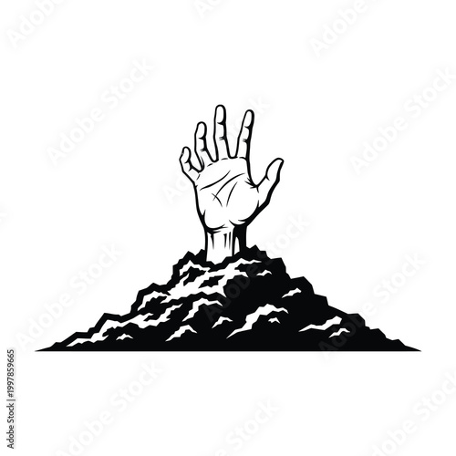 Hand reaching out from dirt mound symbolizing struggle