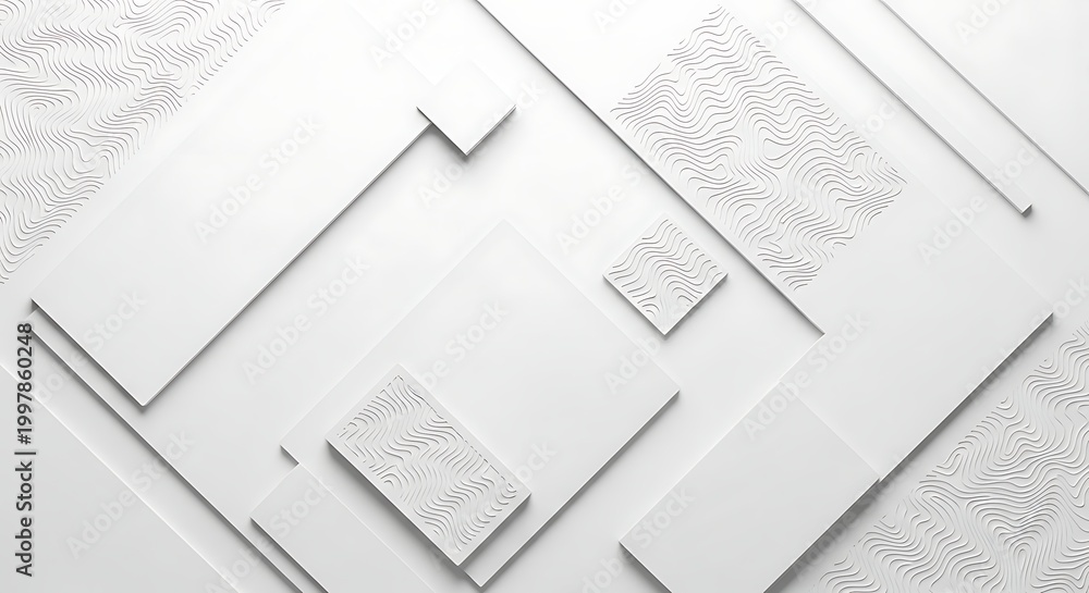 Obraz premium Modern minimalist white 3d composition with abstract rectangular blocks and intricate wavy topographical relief pattern texture
