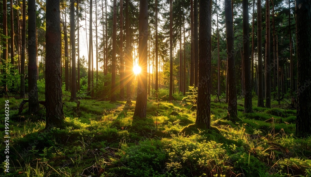 Fototapeta premium Sun streams through dense trees in a tranquil forest, illuminating lush green undergrowth