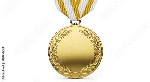 Shiny gold medal for outstanding achievement with laurel wreath engraving and striped ribbon for award winners