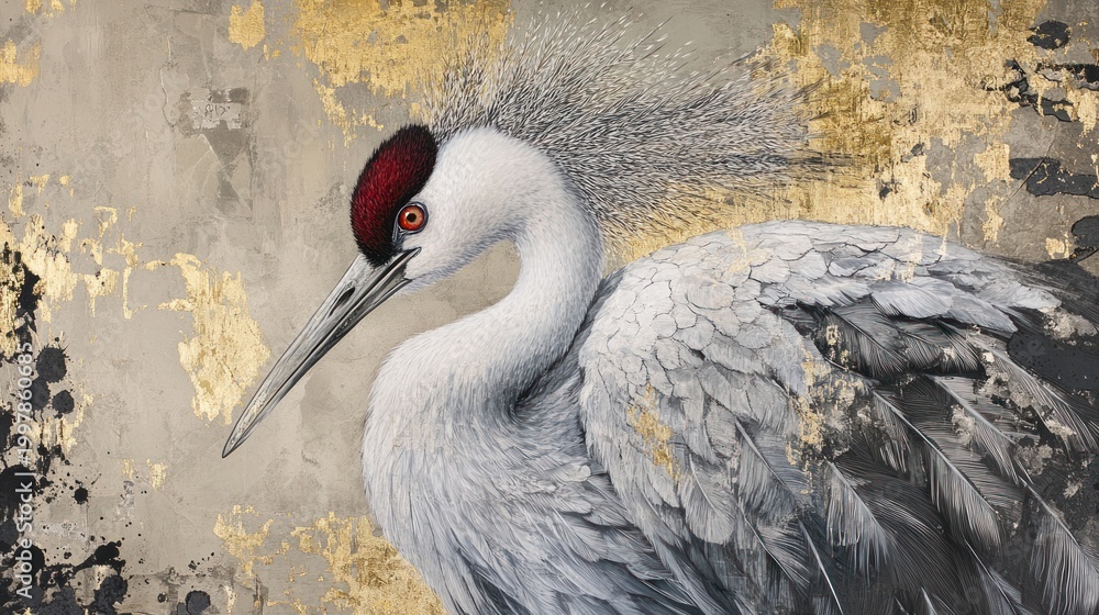Obraz premium Elegant Crane Portrait on Textured Gold Background