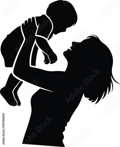 Silhouette illustration of a joyous mother holding her baby up in the air, symbolizing maternal love and happiness.