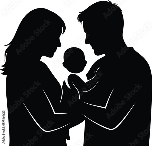 Silhouette illustration of a loving couple holding their newborn baby, symbolizing family bond and new life.
