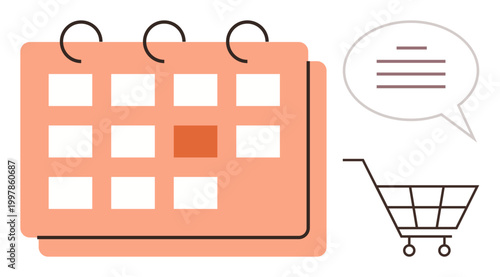 E-commerce, scheduling, reminders, retail planning, digital organization, workflow. A calendar, shopping cart and speech bubble are . E-commerce and scheduling concept