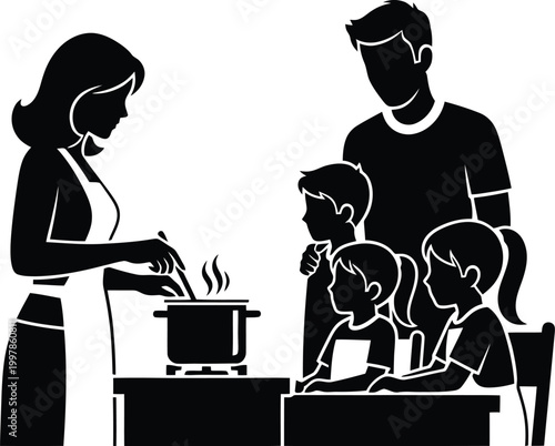 Mother cooking meal in kitchen while family waits at dining table silhouette vector illustration.