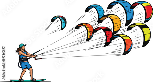 Kitesurfing Action Illustration with Multiple Colorful Kites on Water