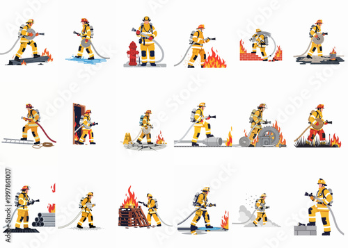 Fotografie A collection of fifteen vector illustrations featuring firefighters in yellow turnout gear, actively battling fires and performing rescue operations in various emergency scenarios