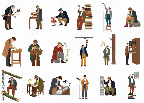 Photos Set of flat vector illustrations depicting entomologists and naturalists studying, collecting, and documenting various butterfly and moth species in vintage attire