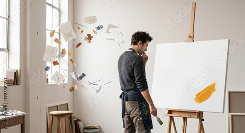 Artist painting on blank canvas in bright studio