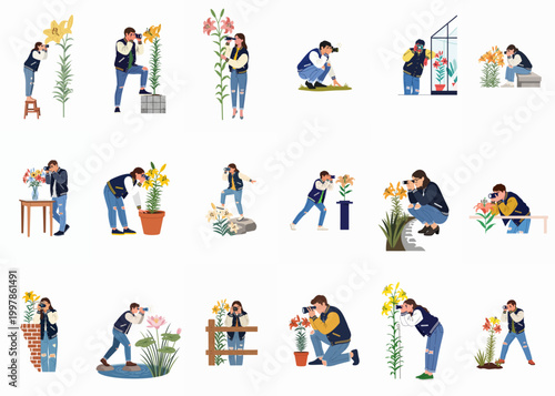 Set of various young photographers taking pictures of flowers in different poses and environments, flat vector illustration on white background.