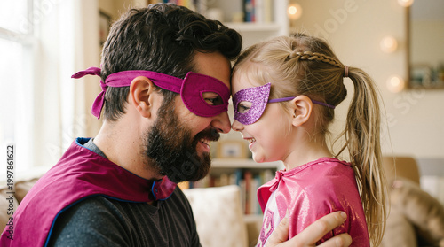 Father and daughter wearing superhero masks at home