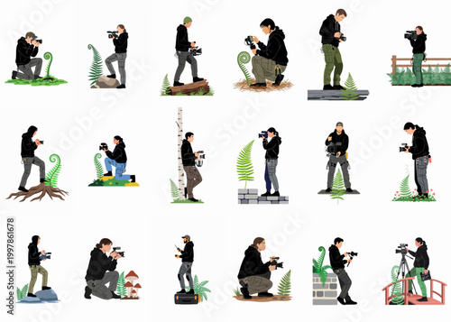 Set of vector illustrations depicting male and female videographers and photographers filming nature in various outdoor environments with professional equipment.