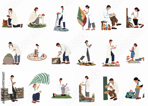 Set of illustrations depicting male and female mycologists in white lab coats conducting field research on various mushrooms in diverse natural environments.