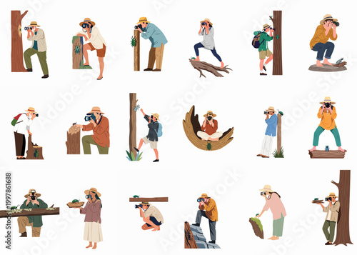 Set of diverse people photographing beetles and insects in various nature settings, featuring macro photography and outdoor exploration in a flat vector style.