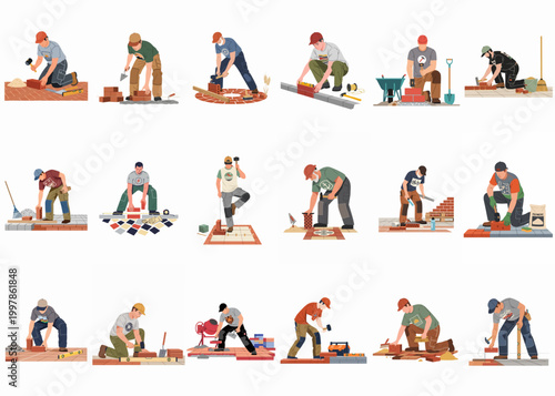 Set of Eighteen Professional Masons and Pavers Laying Bricks and Tiles Using Various Construction Tools for Patios, Paths, and Sidewalk Renovations