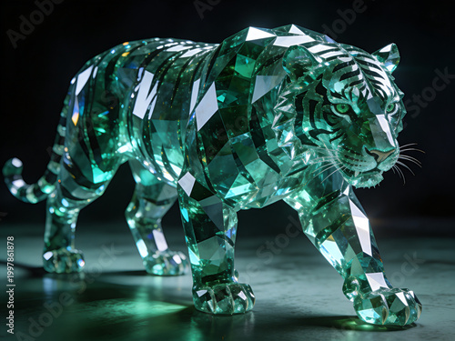 Full emerald crystal tiger with pure gemstone body and reflective surface