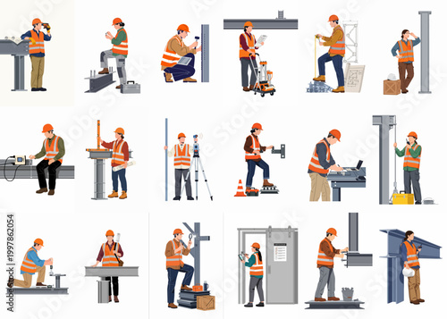 Comprehensive collection of professional construction workers, engineers, and inspectors performing various site tasks, surveying, measuring, and technical work in flat vector illustration.