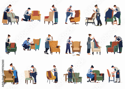 Collection of diverse artisans and craftsmen meticulously restoring and upholstering a variety of vintage and modern armchairs and chairs.